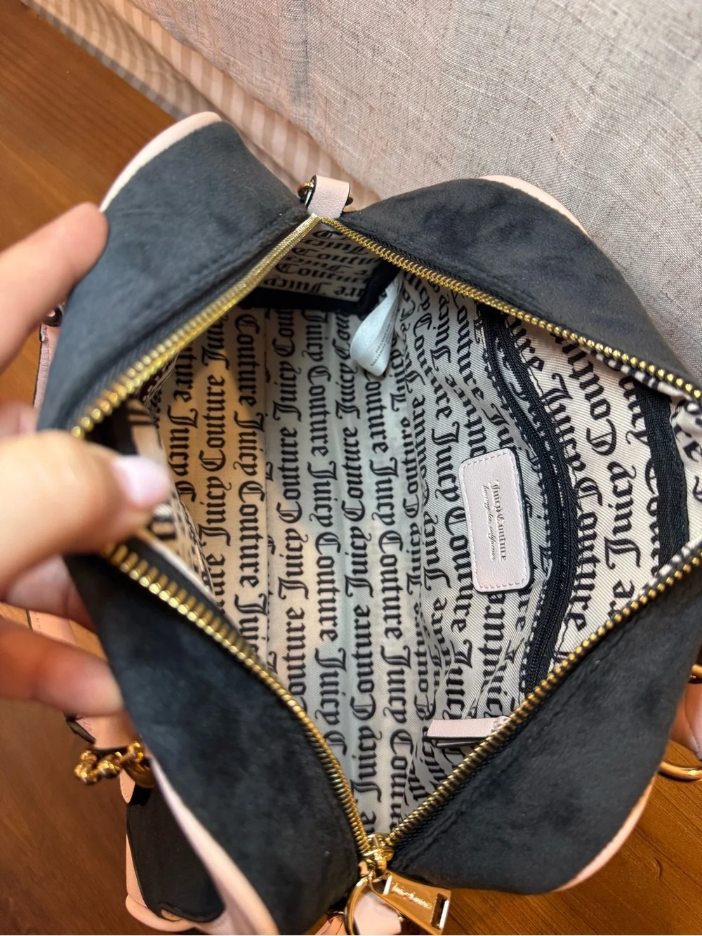 Juicy Couture Black Suede Satchel with Pink Trim